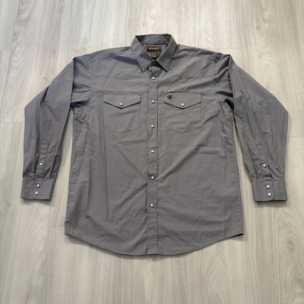 Ariat Mens Shirt Grey Geometric Print Long Sleeve Western Pearl Snap Size M